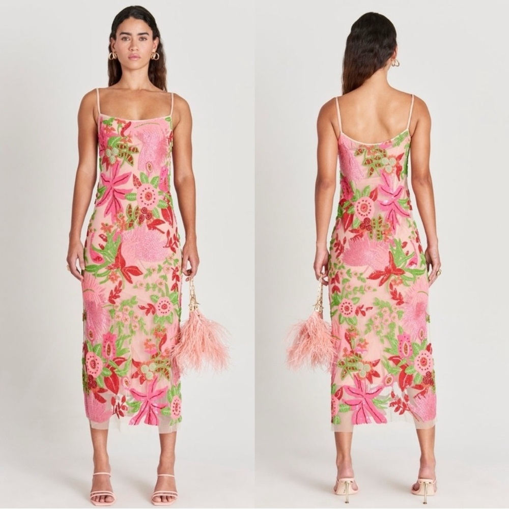 Cult Gaia Kennedy Floral Pink & Green Beaded Dress